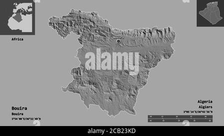 Forma di Bouira, provincia dell'Algeria, e la sua capitale. Scala della distanza, anteprime ed etichette. Mappa elevazione bilivello. Rendering 3D Foto Stock