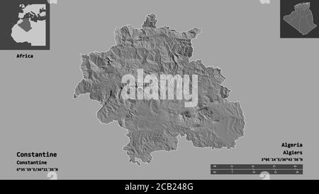 Forma di Costantino, provincia dell'Algeria, e la sua capitale. Scala della distanza, anteprime ed etichette. Mappa elevazione bilivello. Rendering 3D Foto Stock