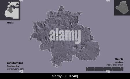 Forma di Costantino, provincia dell'Algeria, e la sua capitale. Scala della distanza, anteprime ed etichette. Mappa di elevazione colorata. Rendering 3D Foto Stock