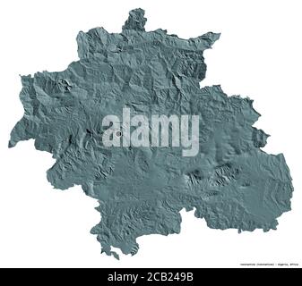 Forma di Costantino, provincia dell'Algeria, con la sua capitale isolata su sfondo bianco. Mappa di elevazione colorata. Rendering 3D Foto Stock