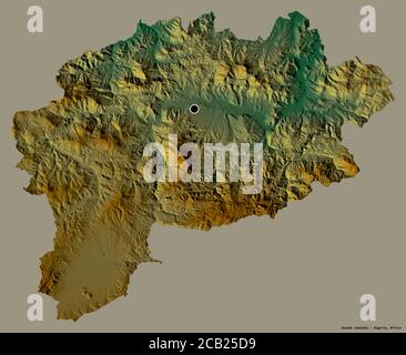 Forma di Guelma, provincia dell'Algeria, con la sua capitale isolata su uno sfondo di colore pieno. Mappa di rilievo topografico. Rendering 3D Foto Stock