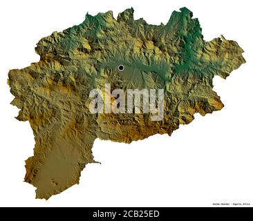 Forma di Guelma, provincia dell'Algeria, con la sua capitale isolata su sfondo bianco. Mappa di rilievo topografico. Rendering 3D Foto Stock