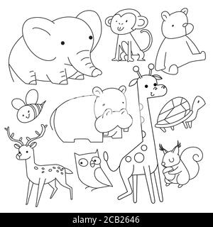 Disegno lineare vettoriale, insieme di simpatici animali da bambino. Illustrazione vettoriale. Illustrazione Vettoriale