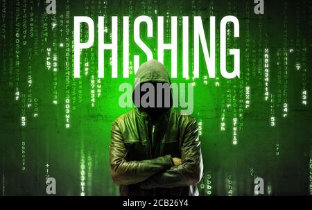 Hacker senza volto con iscrizione DI PHISHING, concetto di hacking Foto Stock