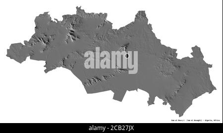 Forma di Oum el Bouaghi, provincia dell'Algeria, con la sua capitale isolata su sfondo bianco. Mappa elevazione bilivello. Rendering 3D Foto Stock