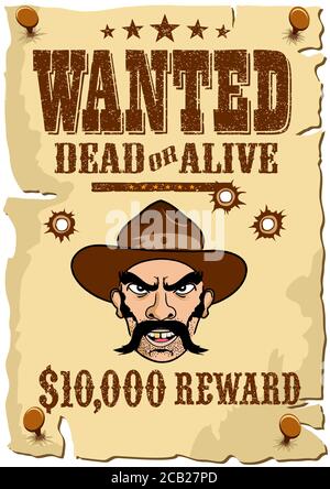 WANTED Outlaw Poster, modello Wild West in stile cartoon Foto Stock