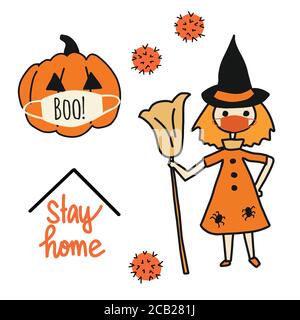 Set di icone di illustrazione di Corona Halloween Vector. Zucca, strega indossando maschera viso. Covid-19 virus clip art isolato. Per decorazione di Halloween 2020 Illustrazione Vettoriale