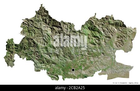 Forma di Tissemsilt, provincia dell'Algeria, con la sua capitale isolata su sfondo bianco. Immagini satellitari. Rendering 3D Foto Stock