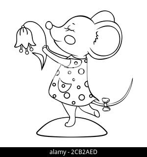 Mouse carino in un vestito che balla con un fiore. Illustrazione Vettoriale