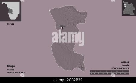 Forma di Bengo, provincia dell'Angola, e la sua capitale. Scala della distanza, anteprime ed etichette. Mappa di elevazione colorata. Rendering 3D Foto Stock