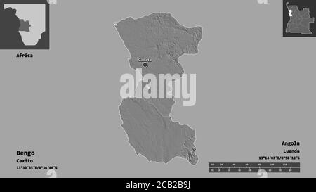 Forma di Bengo, provincia dell'Angola, e la sua capitale. Scala della distanza, anteprime ed etichette. Mappa elevazione bilivello. Rendering 3D Foto Stock