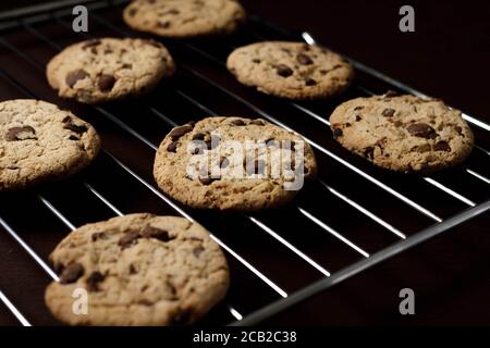 Biscotti di cioccolato freschi fatti in casa sul vassoio del forno con sfondo scuro Foto Stock