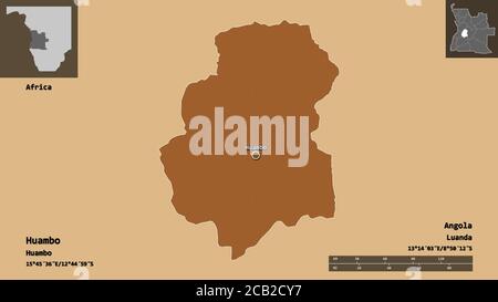 Forma di Huambo, provincia dell'Angola, e la sua capitale. Scala della distanza, anteprime ed etichette. Composizione di texture con motivi. Rendering 3D Foto Stock