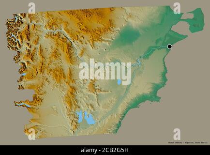 Forma di Chubut, provincia argentina, con la sua capitale isolata su uno sfondo di colore pieno. Mappa di rilievo topografico. Rendering 3D Foto Stock