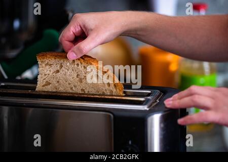 Mani ragazza tira in tradizionale fetta di pane. Mano femminile che mette il pane fresco integrale nel tostapane in cucina. Sfocare gli oggetti da cucina di sfondo. Foto Stock