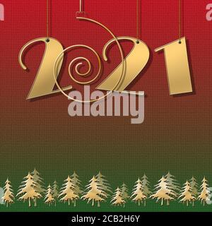 Luxury Happy New 2021 anni design con 2021 cifre appesi, alberi di natale su sfondo rosso verde. Grafica delle vacanze invernali, luogo per testo, biglietto da visita, calendario. Spazio di copia. Illustrazione 3D Foto Stock