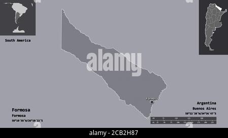 Forma di Formosa, provincia dell'Argentina, e la sua capitale. Scala della distanza, anteprime ed etichette. Mappa di elevazione colorata. Rendering 3D Foto Stock