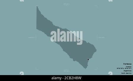 Area di Formosa, provincia dell'Argentina, isolata su solido sfondo in una scatola di delimitazione georeferenziata. Etichette. Mappa di elevazione colorata. Rendering 3D Foto Stock
