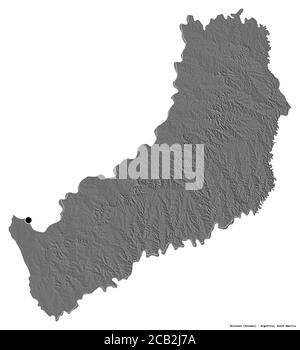 Forma di Misiones, provincia argentina, con la sua capitale isolata su sfondo bianco. Mappa elevazione bilivello. Rendering 3D Foto Stock