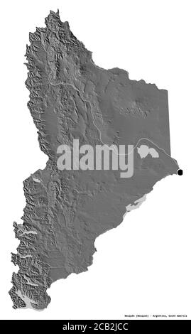 Forma di Neuquén, provincia dell'Argentina, con la sua capitale isolata su sfondo bianco. Mappa elevazione bilivello. Rendering 3D Foto Stock