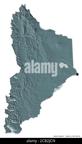 Forma di Neuquén, provincia dell'Argentina, con la sua capitale isolata su sfondo bianco. Mappa di elevazione colorata. Rendering 3D Foto Stock