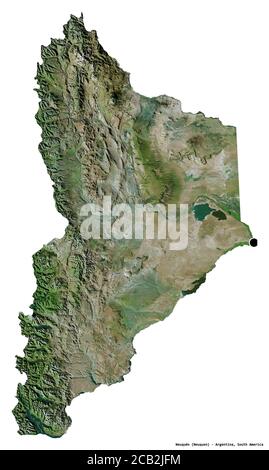 Forma di Neuquén, provincia dell'Argentina, con la sua capitale isolata su sfondo bianco. Immagini satellitari. Rendering 3D Foto Stock