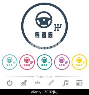 L'auto controlla le icone piatte a colori con contorni rotondi. 6 icone bonus incluse. Illustrazione Vettoriale