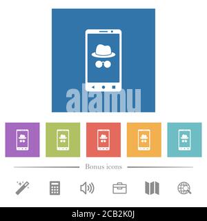 Icone bianche piatte in incognito mobile su sfondi quadrati. 6 icone bonus incluse. Illustrazione Vettoriale