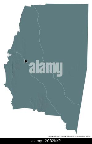 Forma di Santiago del estero, provincia argentina, con la sua capitale isolata su sfondo bianco. Mappa di elevazione colorata. Rendering 3D Foto Stock