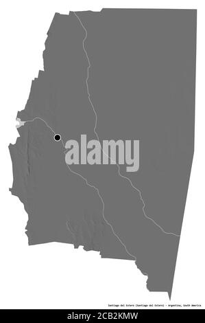 Forma di Santiago del estero, provincia argentina, con la sua capitale isolata su sfondo bianco. Mappa elevazione bilivello. Rendering 3D Foto Stock