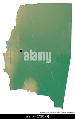 Forma di Santiago del estero, provincia argentina, con la sua capitale isolata su sfondo bianco. Mappa di rilievo topografico. Rendering 3D Foto Stock