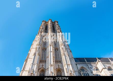 Torre della Cattedrale di San Rumbold in stile gotico Brabantino nel centro storico di Mechelen, Belgio Foto Stock