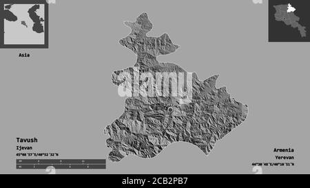 Forma di Tavush, provincia di Armenia, e la sua capitale. Scala della distanza, anteprime ed etichette. Mappa elevazione bilivello. Rendering 3D Foto Stock