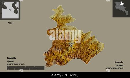 Forma di Tavush, provincia di Armenia, e la sua capitale. Scala della distanza, anteprime ed etichette. Mappa di rilievo topografico. Rendering 3D Foto Stock