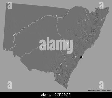 Forma del nuovo Galles del Sud, stato dell'Australia, con la sua capitale isolata su uno sfondo di colore pieno. Mappa elevazione bilivello. Rendering 3D Foto Stock