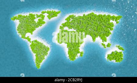 Mappa dei paesi del mondo in fitta foresta pluviale. Alberi e vegetazione verde. Sabbia fine e bianca. Acqua di mare blu e frizzante. Rendering 3D Foto Stock