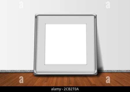 telaio in metallo appoggiato su una parete interna di colore bianco brillante con legno Rendering 3D mockup pavimento Foto Stock