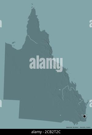 Forma del Queensland, stato dell'Australia, con la sua capitale isolata su uno sfondo di colore pieno. Mappa di elevazione colorata. Rendering 3D Foto Stock