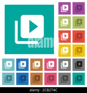 Libreria video icone piatte multicolore su sfondi quadrati. Incluse variazioni delle icone bianche e più scure per il passaggio del mouse o gli effetti attivi. Illustrazione Vettoriale