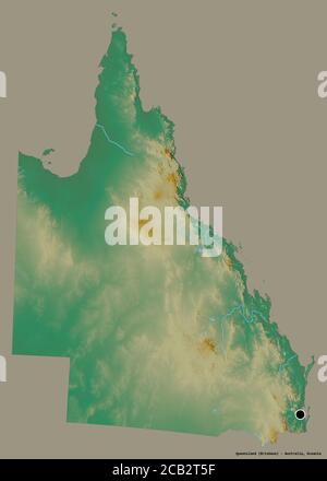 Forma del Queensland, stato dell'Australia, con la sua capitale isolata su uno sfondo di colore pieno. Mappa di rilievo topografico. Rendering 3D Foto Stock