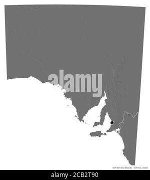 Forma del Sud Australia, stato dell'Australia, con la sua capitale isolata su sfondo bianco. Mappa elevazione bilivello. Rendering 3D Foto Stock