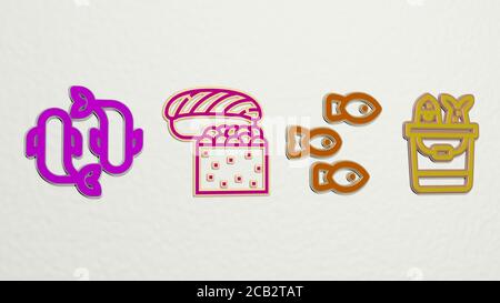 PESCI 4 icone set. Illustrazione 3D. Sfondo e animale Foto Stock