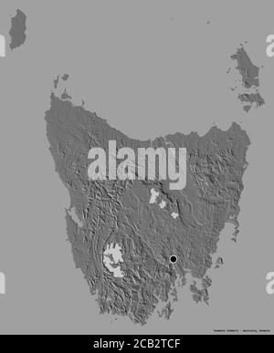 Forma della Tasmania, stato dell'Australia, con la sua capitale isolata su uno sfondo di colore pieno. Mappa elevazione bilivello. Rendering 3D Foto Stock