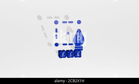 Oggetto icona penna 3D su testo di lettere cubiche. Illustrazione 3D. Background e business Foto Stock