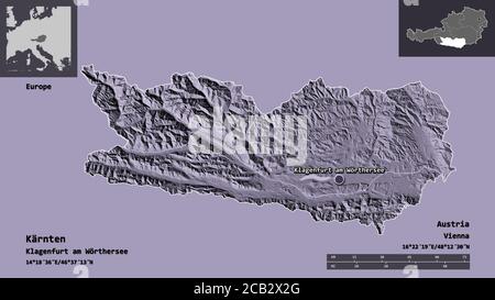 Forma di Kärnten, stato dell'Austria, e della sua capitale. Scala della distanza, anteprime ed etichette. Mappa di elevazione colorata. Rendering 3D Foto Stock