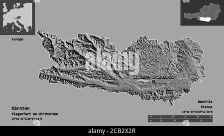 Forma di Kärnten, stato dell'Austria, e della sua capitale. Scala della distanza, anteprime ed etichette. Mappa elevazione bilivello. Rendering 3D Foto Stock