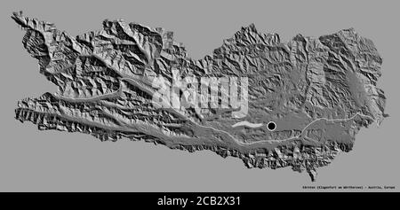 Forma di Kärnten, stato dell'Austria, con la sua capitale isolata su uno sfondo a tinta unita. Mappa elevazione bilivello. Rendering 3D Foto Stock