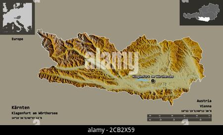 Forma di Kärnten, stato dell'Austria, e della sua capitale. Scala della distanza, anteprime ed etichette. Mappa di rilievo topografico. Rendering 3D Foto Stock