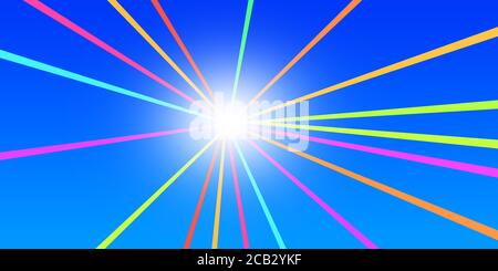 cielo realistico astratto blu illustrazione colorati raggi di luce da cui brillano luce a strisce colorate e luminose Foto Stock