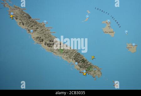 Traffico aereo sull'arcipelago della Nuova Caledonia (09 agosto 2020, UTC 20.49) su Internet con il sito Flightradar 24, durante la pandemia di Coronavirus Foto Stock